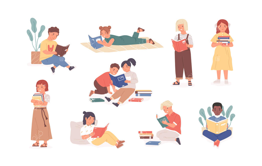 مجموعه‌ای از کودکان دوستدار مطالعه: پسران و دختران عاشق کتابخوانی. مجموعه‌ای از تصویرسازی‌های کارتونی مدرن و رنگارنگ.