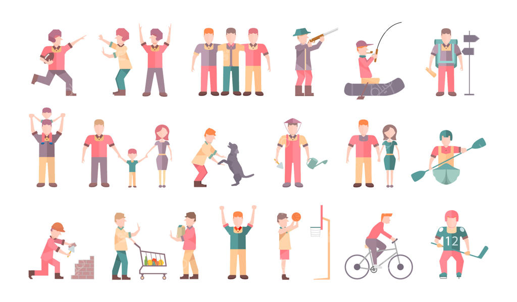 افراد در موقعیت‌ها و حالت‌های مختلف: دوستان، خانواده، زوج، سرگرمی، ورزش. آیکون‌های تخت. تصویرسازی وکتور.