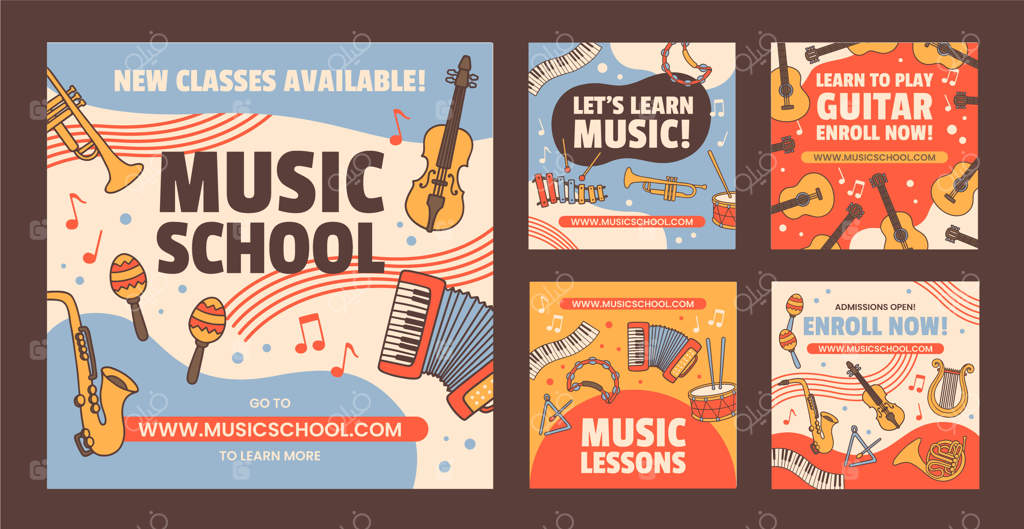 قالب پست‌های اینستاگرام مدرسه موسیقی با طراحی دستی