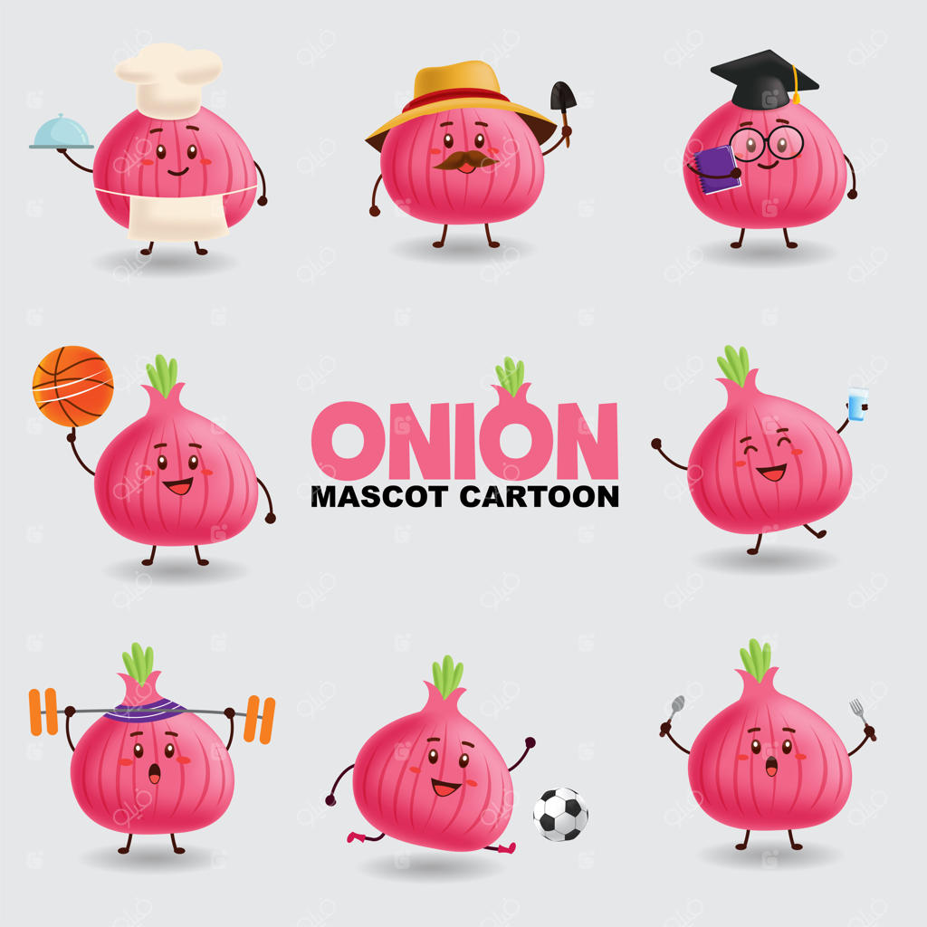 تصویرسازی کارتونی ماسکات. پیاز در چندین حالت. پس‌زمینه مجزا.