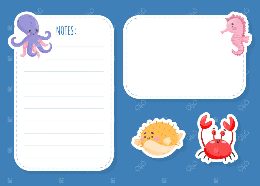 قالب کارت یادداشت با طرح حیوانات دریایی و موجودات شناگر زیر آب