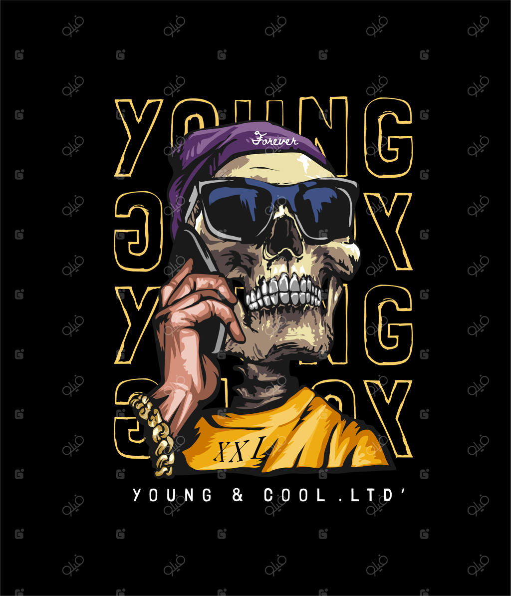 اسلوگان تایپوگرافی با جمجمه‌ای در عینک آفتابی و گوشی موبایل