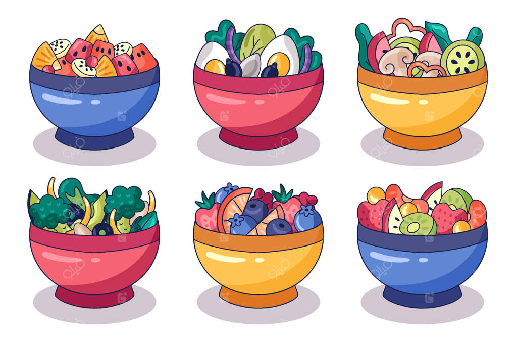 مجموعه‌ای از کاسه‌های میوه و سالاد