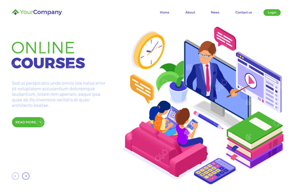 آموزش آنلاین یا امتحان از راه دور با دوره اینترنتی: یادگیری از خانه با معلم، صفحه اصلی قالب سایت برای دختر و پسر مطالعه روی تبلت و لپ‌تاپ در مبل خانه