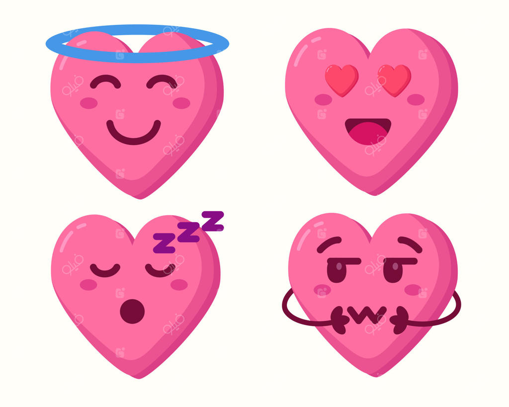 مجموعه‌ای از قلب‌های کارتونی صورتی با حالات مختلف و بامزه