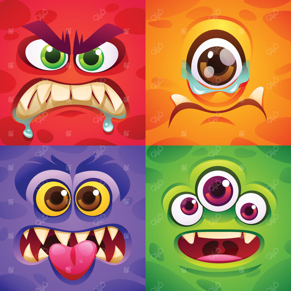 مجموعه‌ای از صورت‌های هیولاهای کارتونی با حالت‌های مختلف. تصویرسازی کارتونی