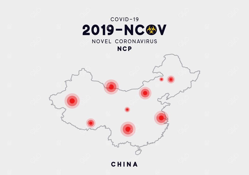اینفوگرافیک نقشه چین، محل شیوع ویروس کووید ۱۹ و ویروس کرونای جدید. پاتوژن تنفسی چینی ۲۰۱۹-انکووی که از ووهان، چین آغاز شد.