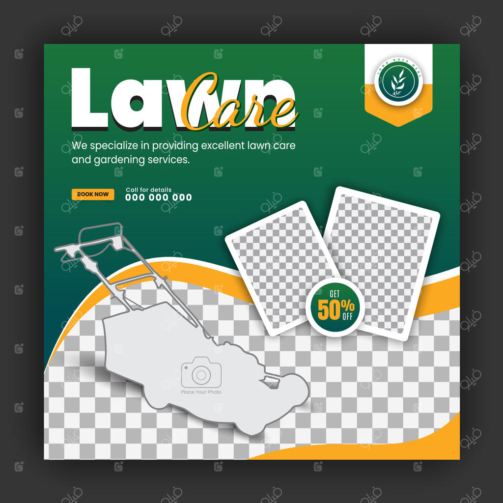 طراحی قالب پوشش رسانه اجتماعی برای خدمات مدرن نگهداری باغ، کمپین کشاورزی و غذای ارگانیک، بنر وب با اشکال انتزاعی سبز و زرد