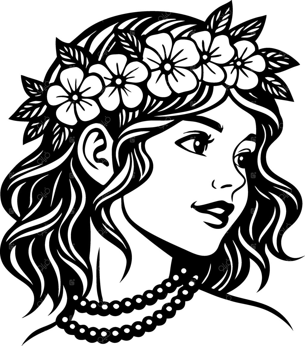 پرتره جذاب دختر با طرح گل و مروارید، مناسب برای طراحی تاتو و کتاب رنگ‌آمیزی