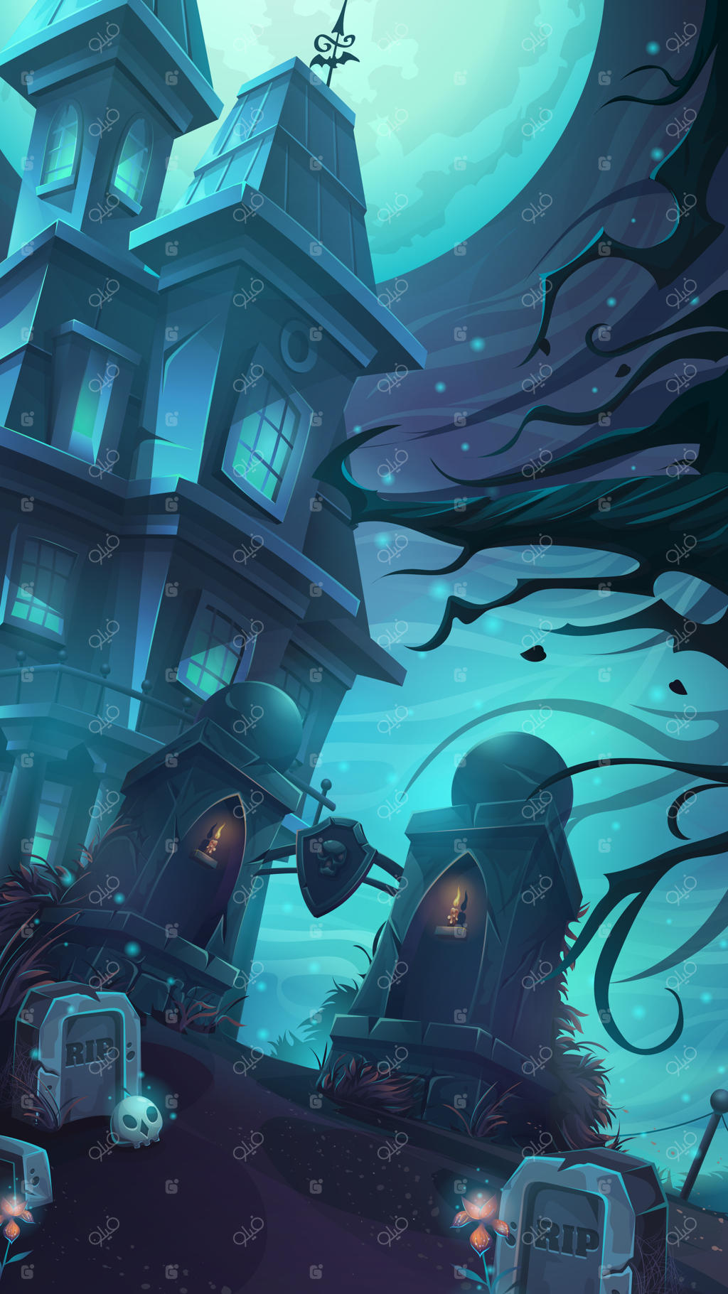 تصویر کارتونی از یک قلعه ترسناک در میان قبرها و جمجمه‌ها زیر ماه کامل