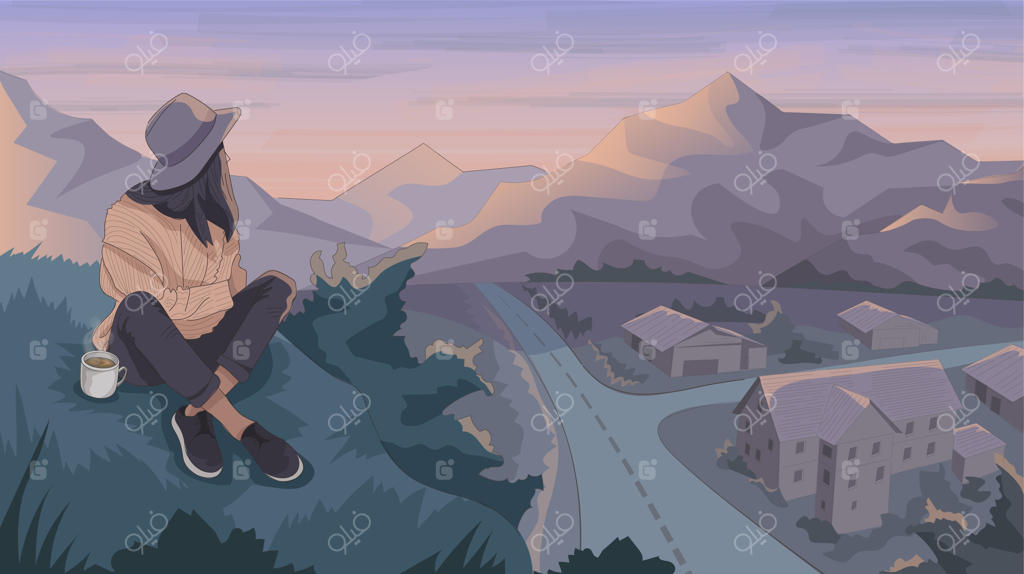 دختر لوفای روی قله کوه و نوشیدن قهوه