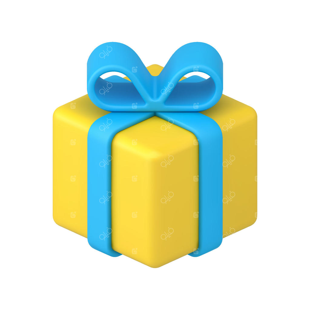 آیکون سه‌بعدی جعبه هدیه زرد با روبان آبی. نمای ایزومتریک از یک هدیه شگفت‌انگیز