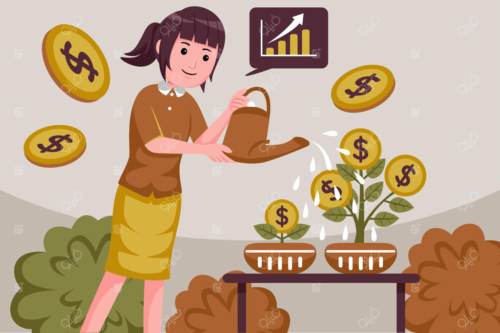 زن جوان موفق و جذابی که در حال رگبار سکه‌های سرمایه‌گذاری است.