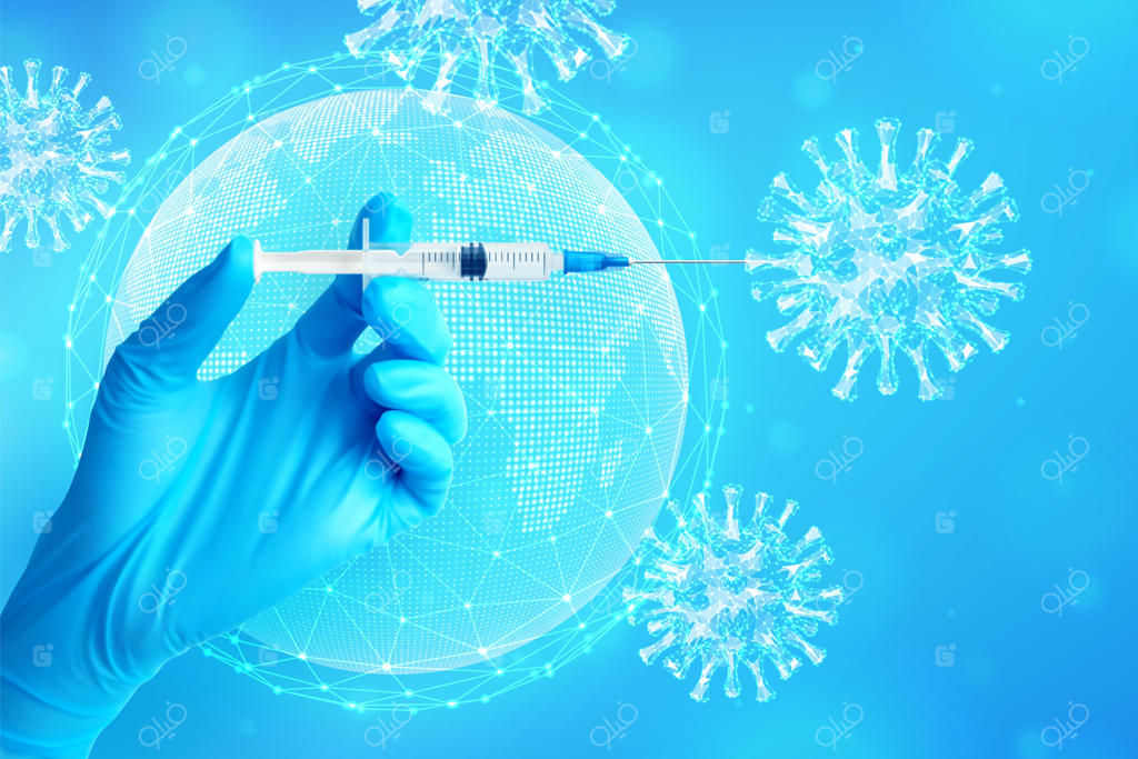 دست با دستکش پزشکی آبی که سرنگ واکسن را نگه داشته است. مفهوم واکسیناسیون یا ایمن‌سازی. سرنگ تزریق در دست و سلول‌های ویروس. واکسن کووید-۱۹. کره زمین، نقشه جهان. وکتور.