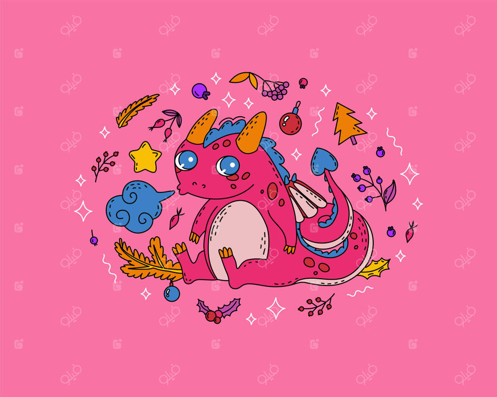 ترکیب بیضی با عناصر طبیعی تزئینی و نماد سال نو چینی 2024، اژدها شخصیتی زیبا برای طراحی لباس کودکان و چاپ وسایل داخلی وکتور