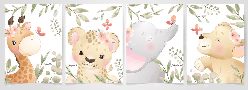 مجموعه حیوانات بامزه و طرح‌های گل‌دار به سبک دودل