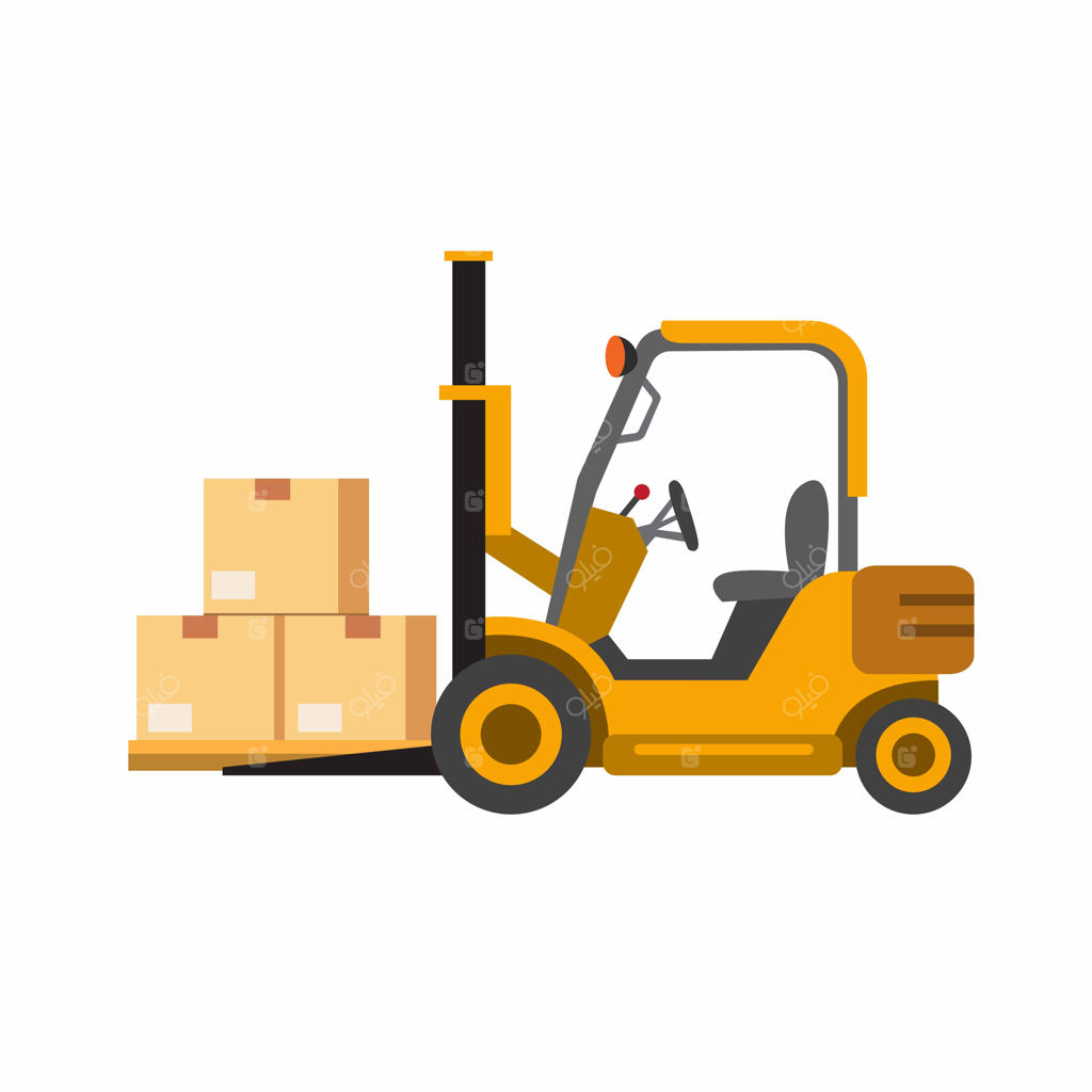 آیکون لیفتراک زرد با بسته، نماد فرآیند حمل‌ونقل در تصویرسازی تخت و ایزوله