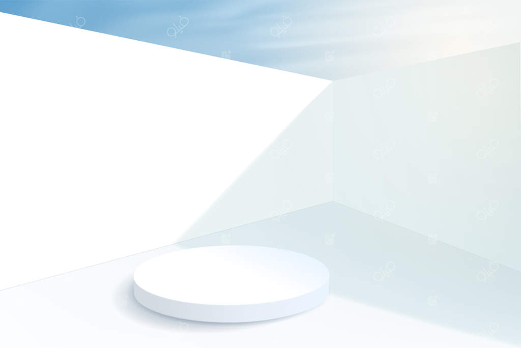 پس‌زمینه‌ای مینیمالیستی با سکوی استوانه‌ای خالی داخل دیوارها. سکویی برای نمایش محصول در تابستان و زیر آفتاب.