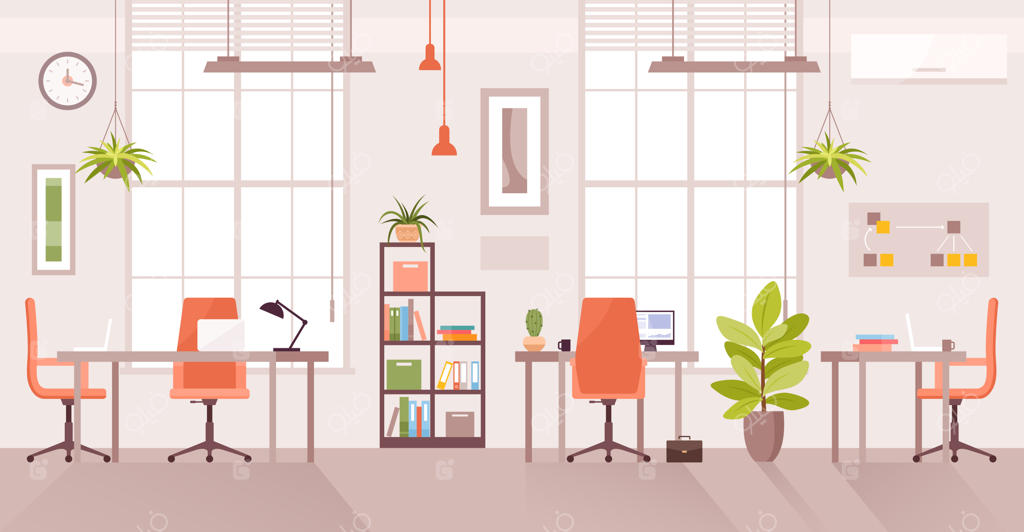 محیط کار اداری: دکوراسیون مدرن اتاق کار با میز و فضای کارمندی