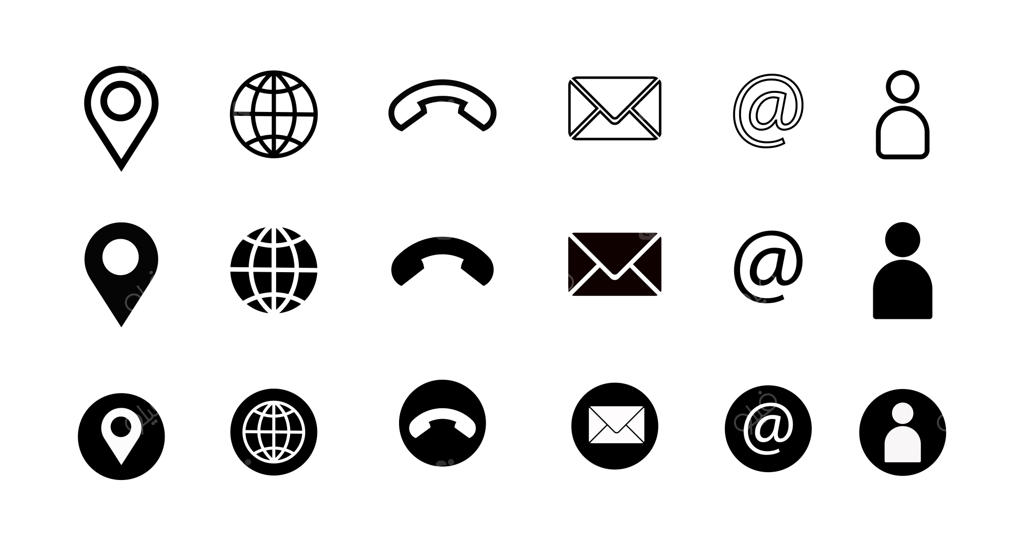 آیکون کارت ویزیت و لینک‌های شرکتی با نمادهای وکتور تلفن، پیام، موقعیت مکانی و کره زمین