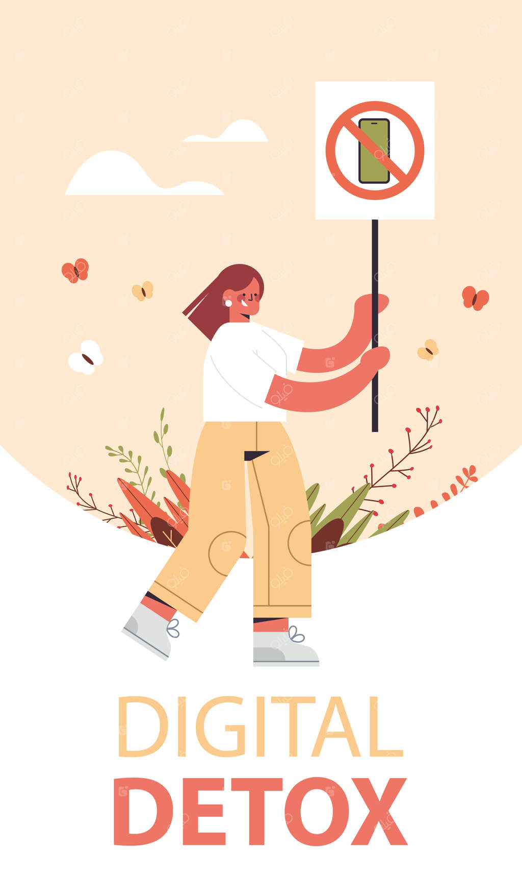 زن با پلاکارد ممنوعیت استفاده از گوشی هوشمند، مفهوم سم‌زدایی دیجیتال