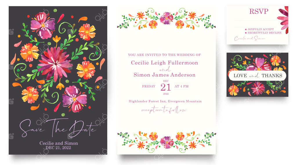 دعوتنامه عروسی آبرنگی با طرح گل‌های رنگارنگ مکزیکی و تاریخ مراسم را ذخیره کنید