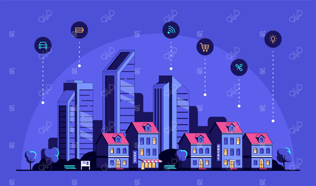 چشم‌انداز شهری با خانه‌های مدرن و نمادها