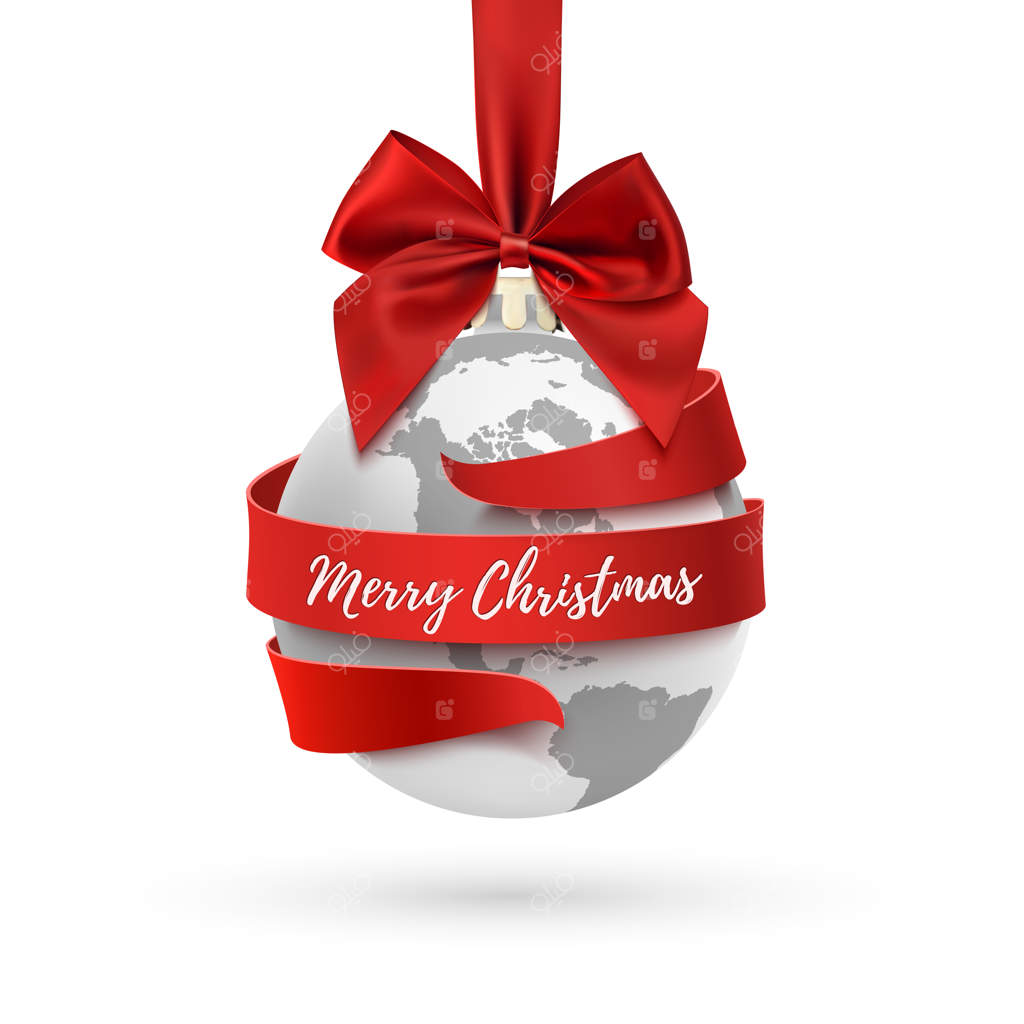 کریسمس مبارک، نماد زمین با پاپیون و روبان قرمز، تزئین تعطیلات بر روی زمینه سفید. قالب کارت تبریک، بروشور یا پوستر.