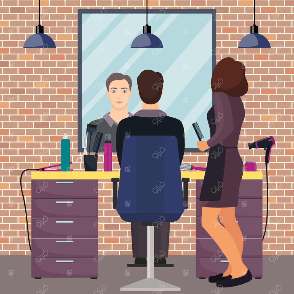 آرایشگاه مردانه و مشتری در سالن زیبایی با سبک لافت. صندلی، آینه، میز، ابزارهای آرایشگری، محصولات آرایشی و بهداشتی برای مراقبت از مو. دکوراسیون داخلی آرایشگاه. تصویرسازی تخت.