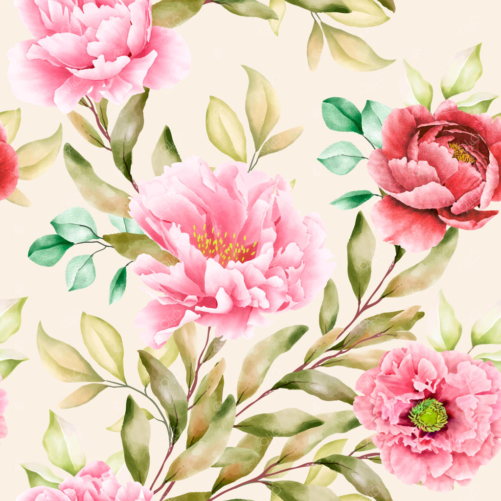 طراحی پترن یکپارچه گل صد تومانی با آبرنگ