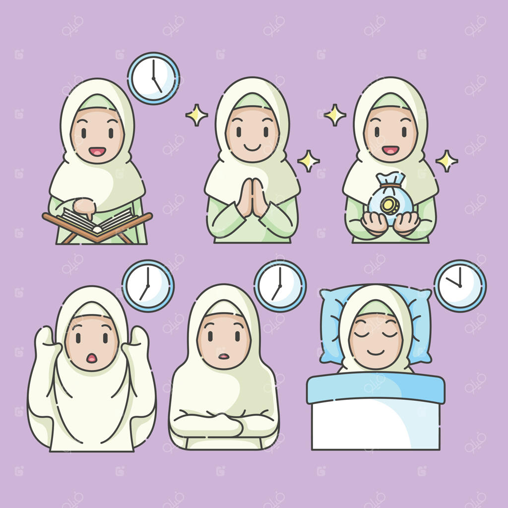وکتور فعالیت‌های ماه رمضان دختربچه، کارهای روزانه اسلامی و شخصیت کارتونی برای کودکان