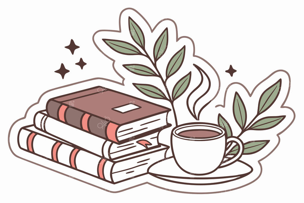 کتاب‌ها، گیاهان و برچسب قهوه با پس‌زمینه سفید