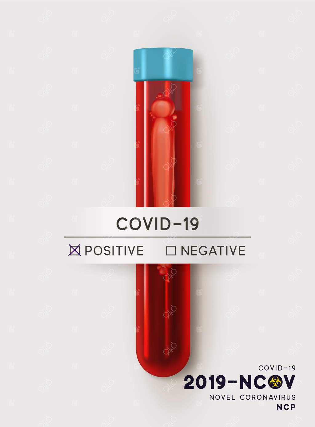لوله آزمایش خون برای بررسی ویروس کرونا SARS CoV-2. آزمایش خون برای بیماری ویروسی کووید-۱۹. لوله آزمایش ۳D واقع‌گرایانه، نمونه نتایج برای مثبت یا منفی بودن ویروس. تصویر وکتور