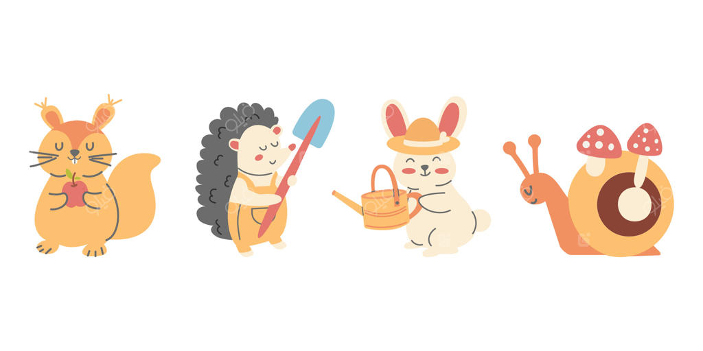 باغ شخصیت‌ها: طرح دستی سنجاب، جوجه‌تیغی، خرگوش و حلزون