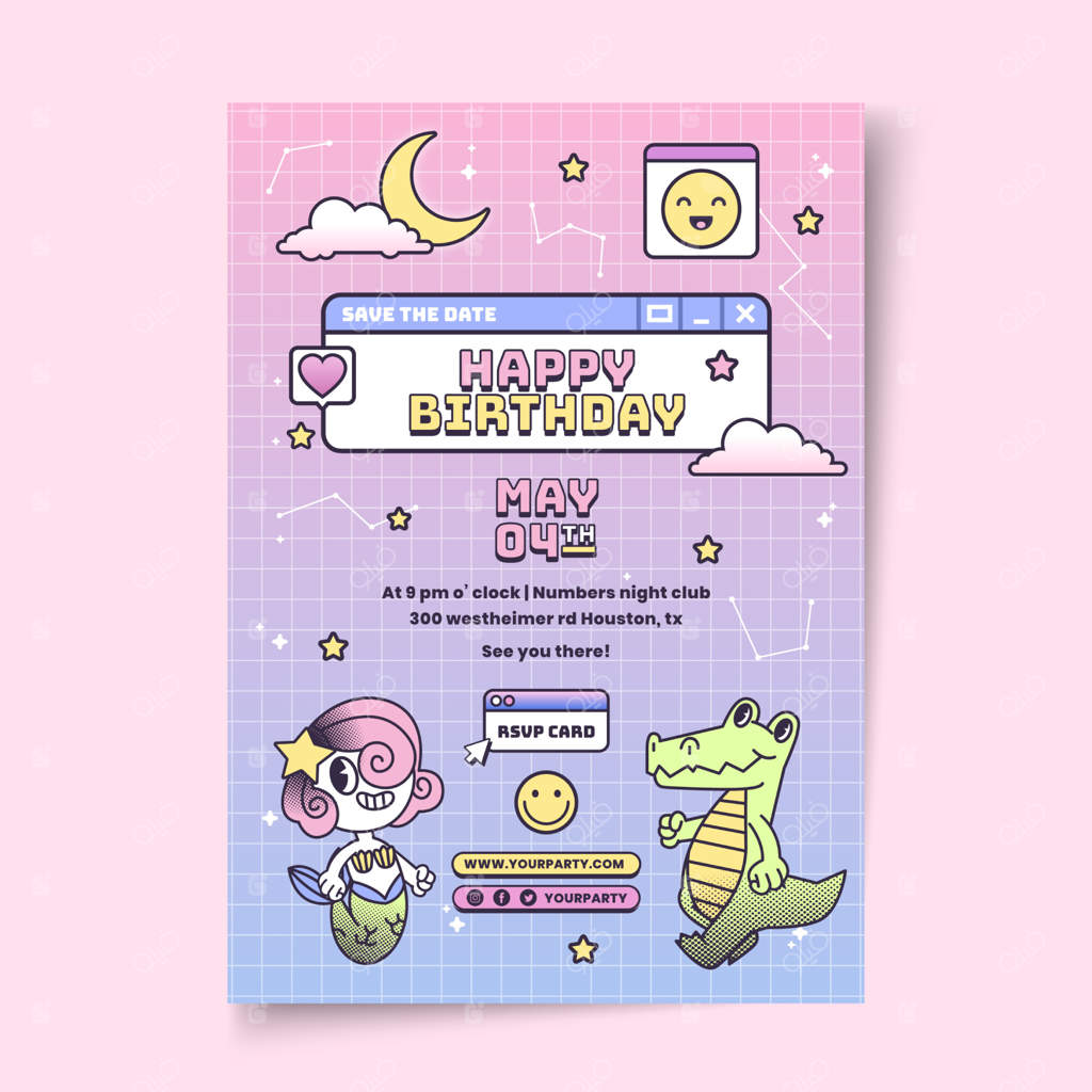 قالب پوستر مهمانی کارتونی دهه ۹۰ با طراحی دستی