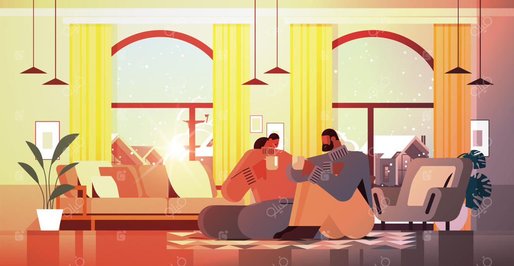 زوج آفریقایی-آمریکایی در حال نوشیدن قهوه و گفتگو در نشیمن خانه