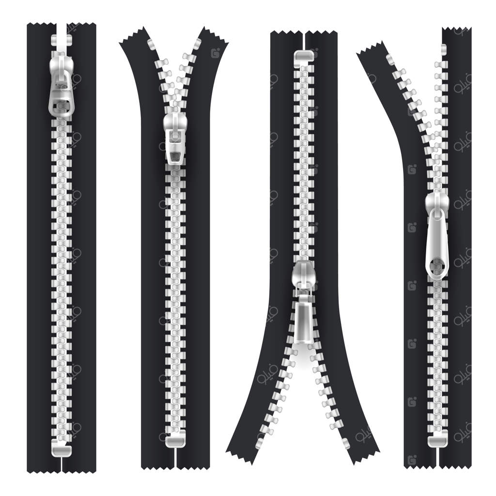 زیپ‌ها با سرزیپ نقره‌ای، عناصر پوشاک واقع‌گرایانه باز و بسته. زیپ مشکی با دندانه‌ها و سرزیپ نقره‌ای فلزی، قفل باز با سرزیپ، اکسسوری خیاطی