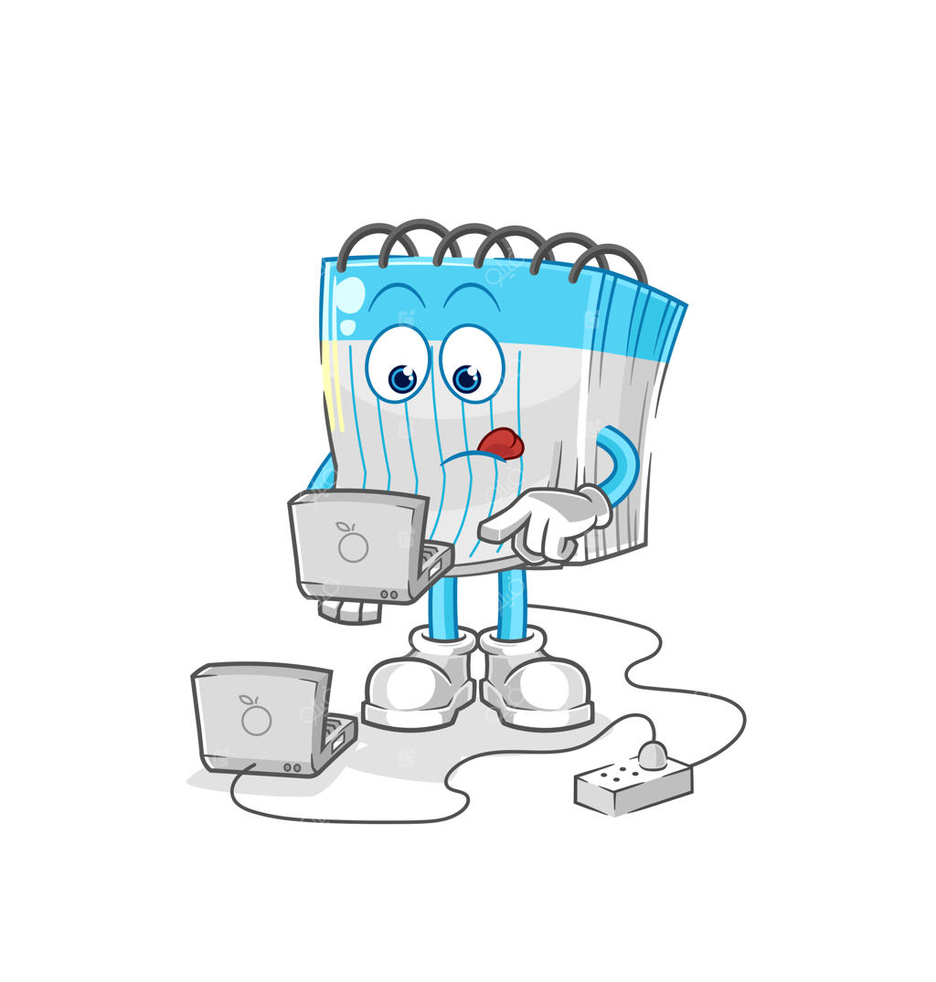 وکتور دفترچه یادداشت با مسکات کارتونی لپ‌تاپ