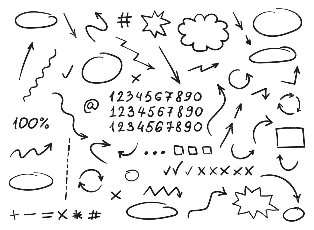 دایره‌های پیکانی و آیکون‌های انتزاعی به سبک دست‌ساز. تصویرسازی شماره‌ها در زمینه‌ای جدا شده. حروف و علامت‌های پیکان برای مفهوم تجاری.