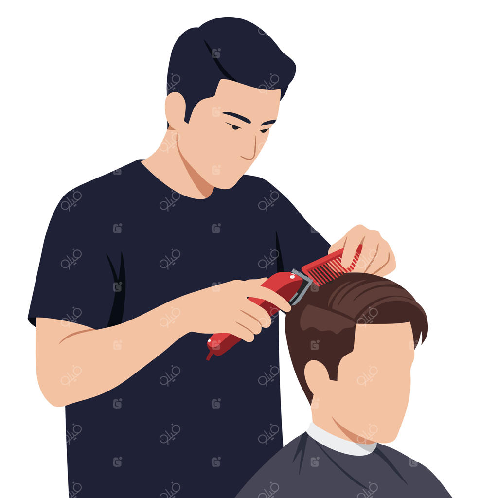 یک آرایشگر ماهر در حال کوتاه کردن مو با شانه و ماشین اصلاح در یک طراحی ساده و مینیمالیستی