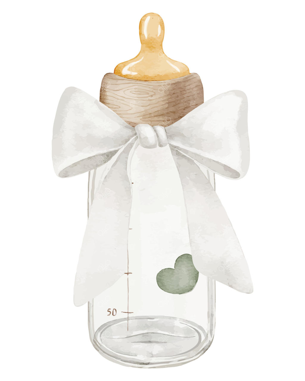 شیشه شیر آبرنگی با پاپیون سفید و قلب - طرحی برای کارت تبریک سیسمونی یا دعوت‌نامه نوزاد. طراحی مناسب اتاق کودک با رنگ‌های پاستلی بژ.