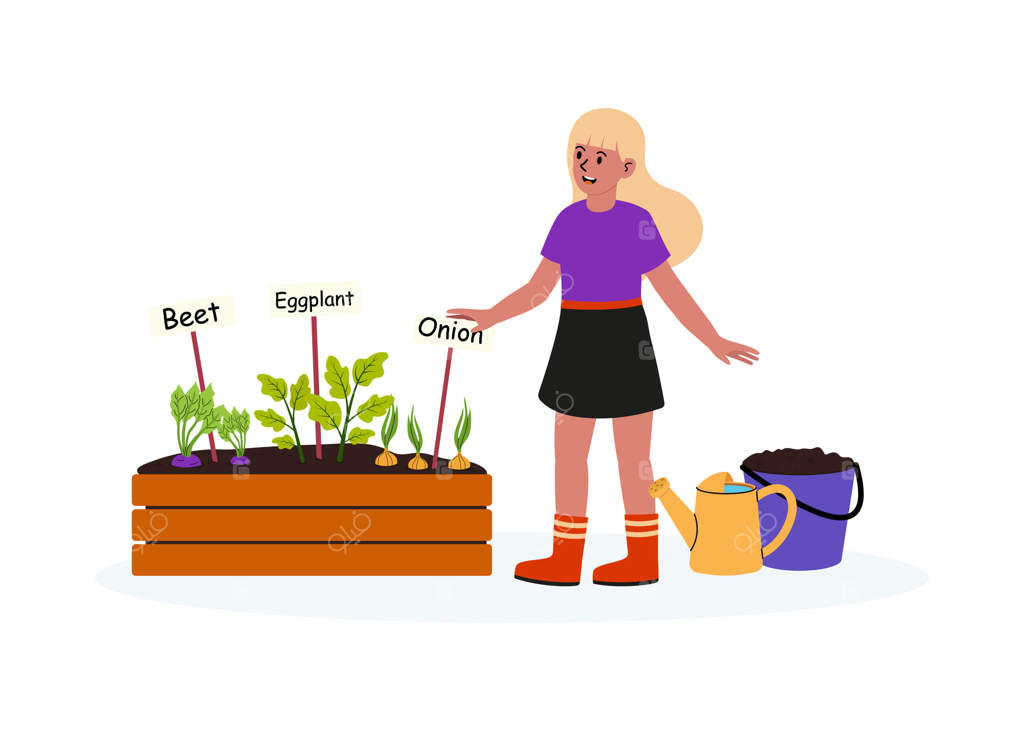 دختری که در هوای آفتابی در باغچه خانگی سبزیجات می‌کارد