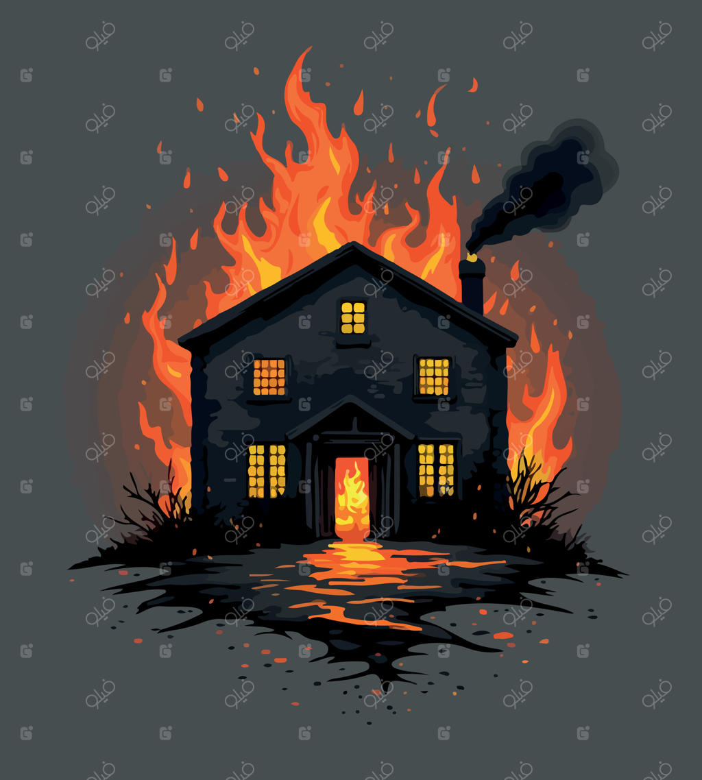 خانه‌ای با آتش شعله‌ور در پس‌زمینه