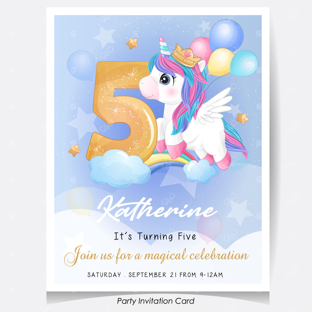 کارت دعوت جشن تولد یونیکورن بامزه با طراحی دست‌ساز