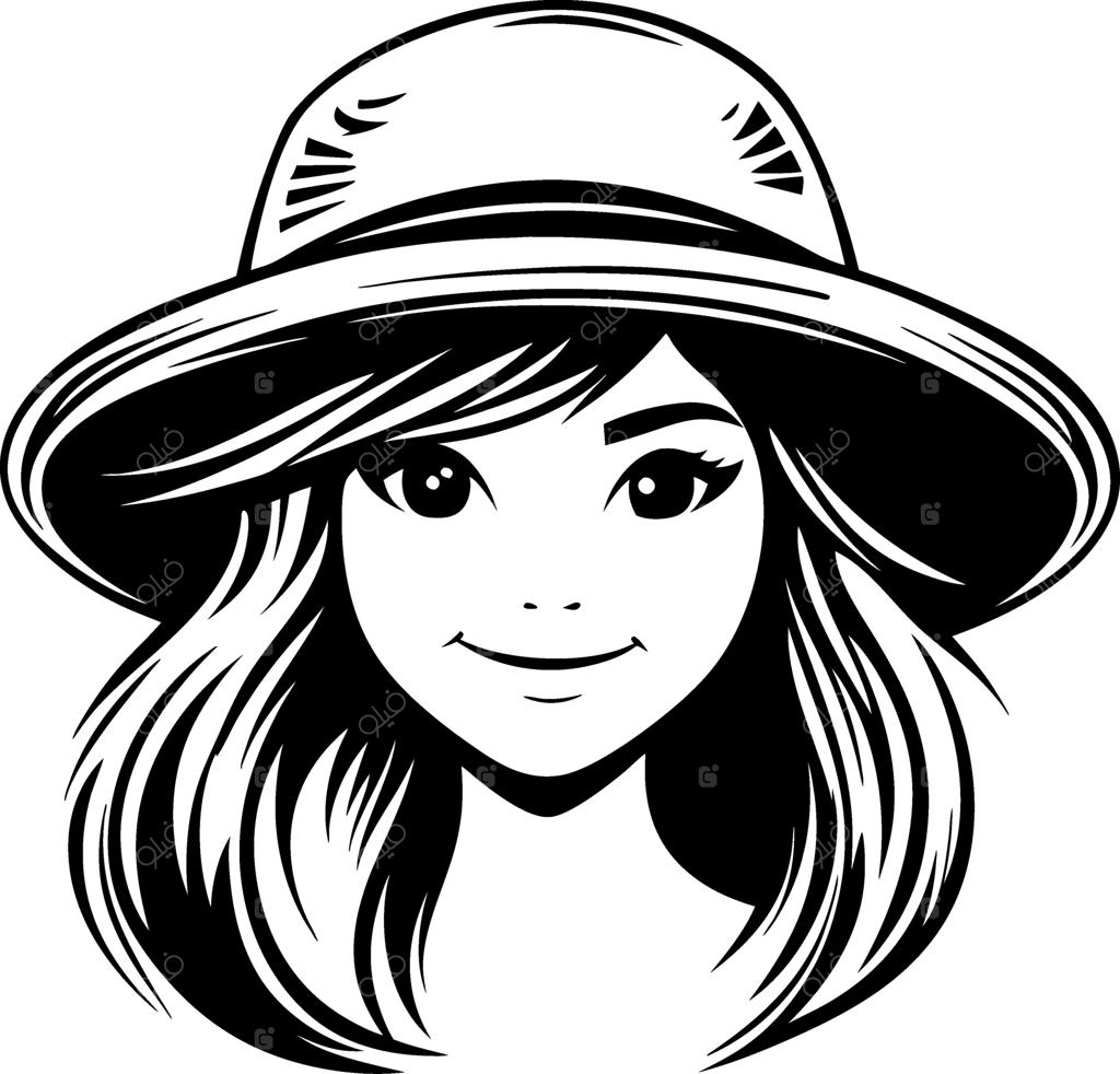 طرح هنری زن جوان شیک با کلاه لبه‌ پهن، مناسب برای تاتو و رنگ‌آمیزی