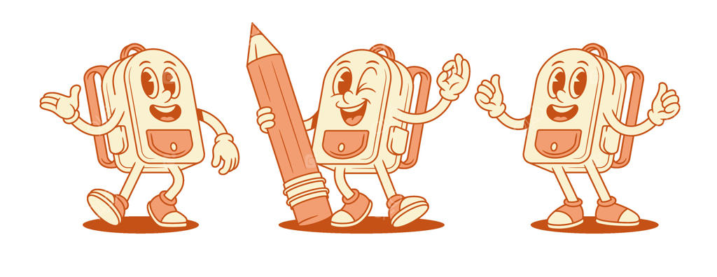 مجموعه شخصیت‌های کارتونی کوله‌پشتی مدرسه بامزه - تصویرسازی ایزومتریک