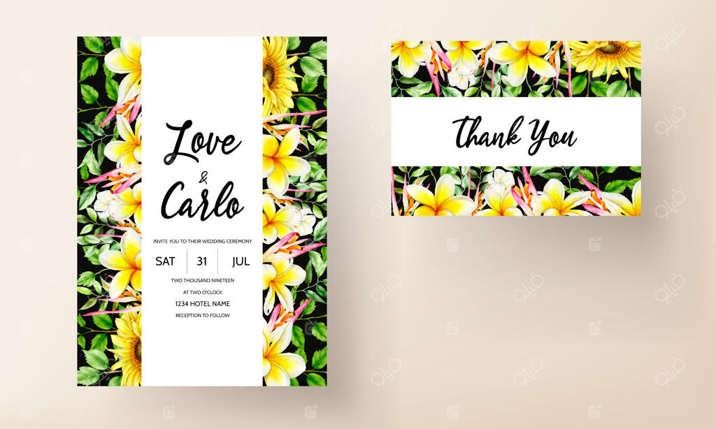 کارت دعوت عروسی با طرح گل‌ها و برگ‌های گرمسیری شیک