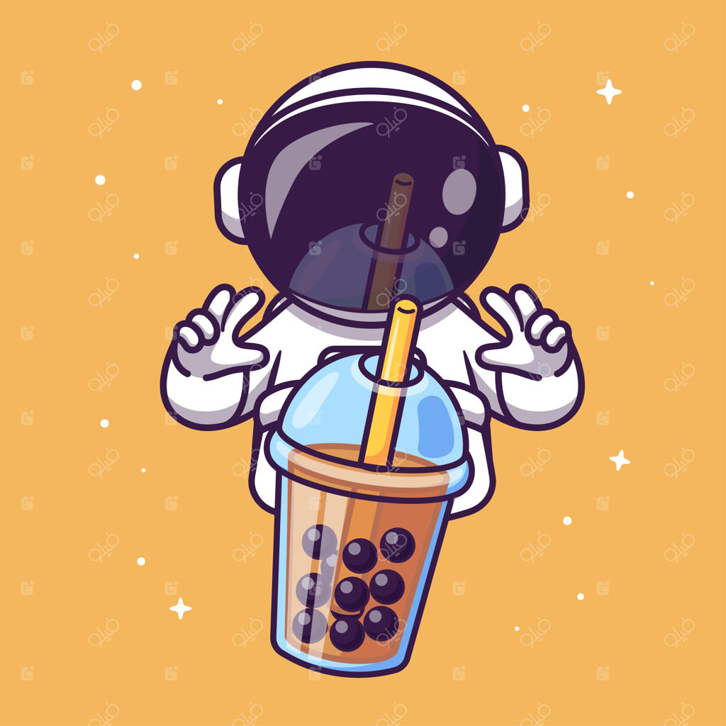 آیکون کارتونی جذاب فضانورد با چای بوبا. مفهوم آیکون غذا و علم. تصویر وکتور فلت در سبک کارتونی و منحصر به فرد.