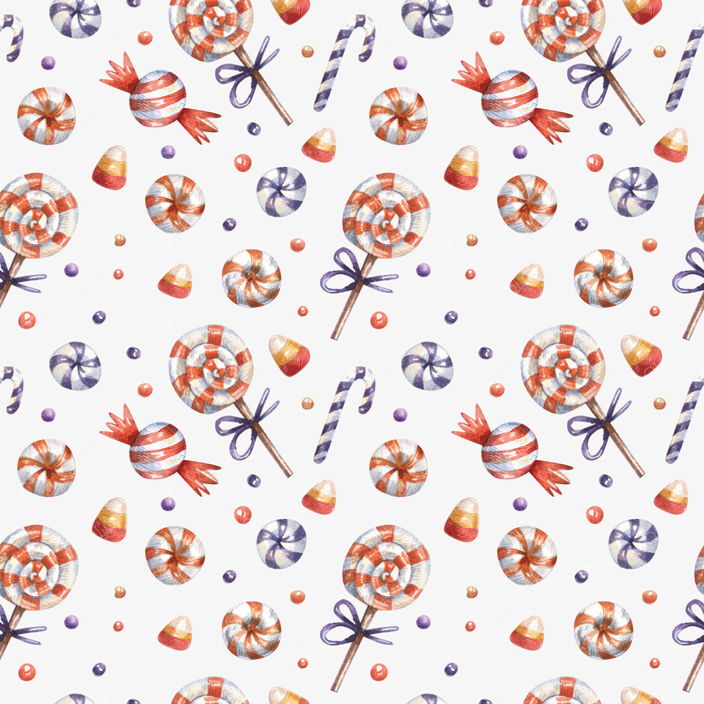 پترن یکپارچه آبرنگی با آبنبات‌های تعطیلات و عصای آبنباتی - طرح برای کاغذ کادو و پارچه