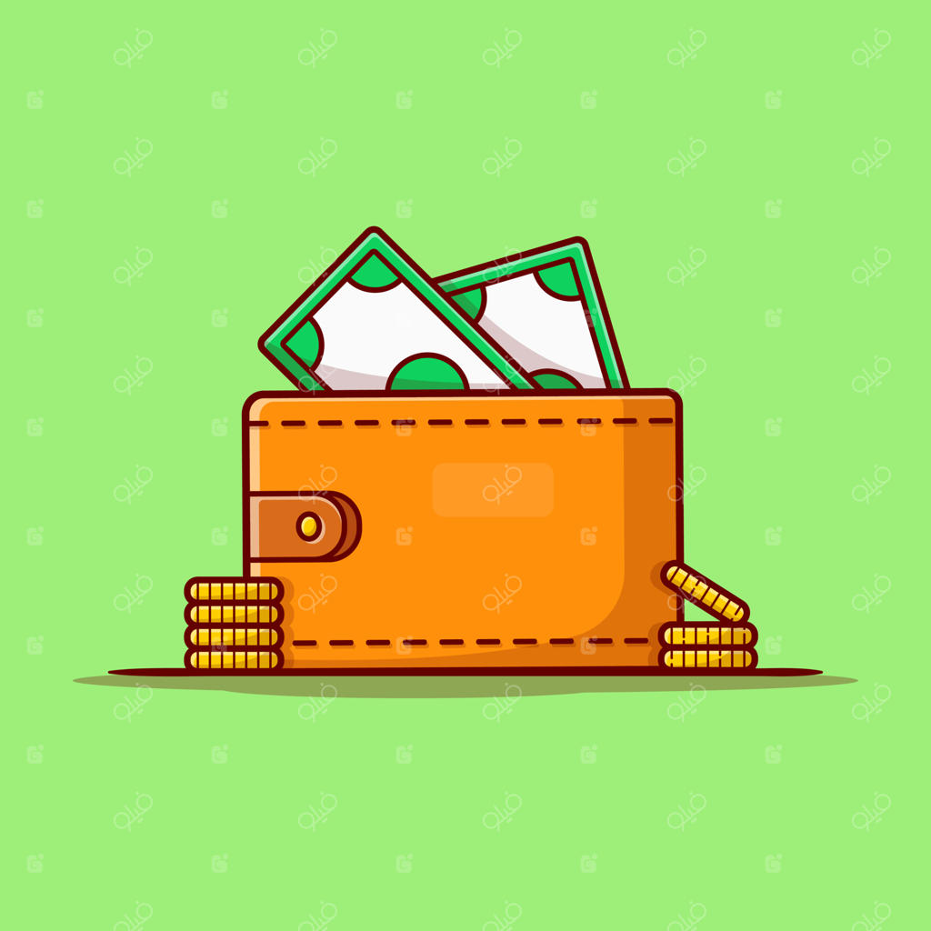 تصویر برداری کارتونی کیف پول با پول. مفهوم مالی به صورت یک وکتور پرمیوم مجزا. سبک کارتونی تخت